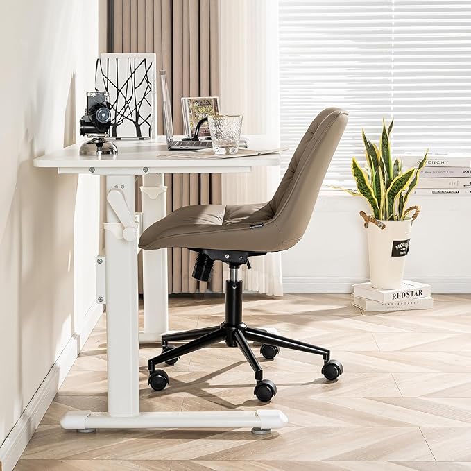 Kidol & Shellder Faux Leather Office Chair, Adjustable Swivel Height Task Chair, Rolling Wheels & Soft Backrest - Armless Ergonomic Desk Chair for Home, Office,Vanity,Gaming（Khaki）