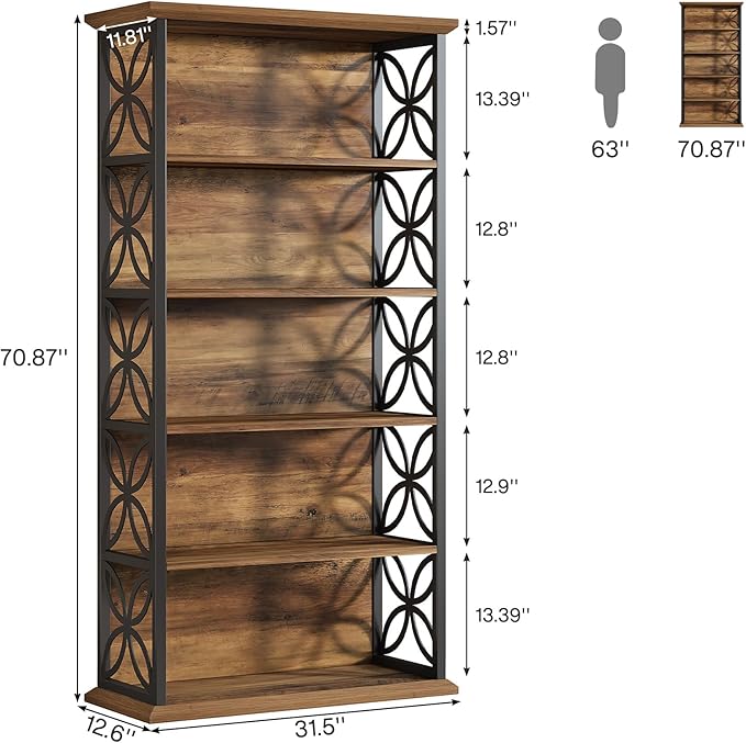 Tribesigns 6-Tier Tall Bookshelf, 71" Industrial Bookcase with Metal Frame, Freestanding Open Storage Shelves for Home Office, Living Room, Bedroom