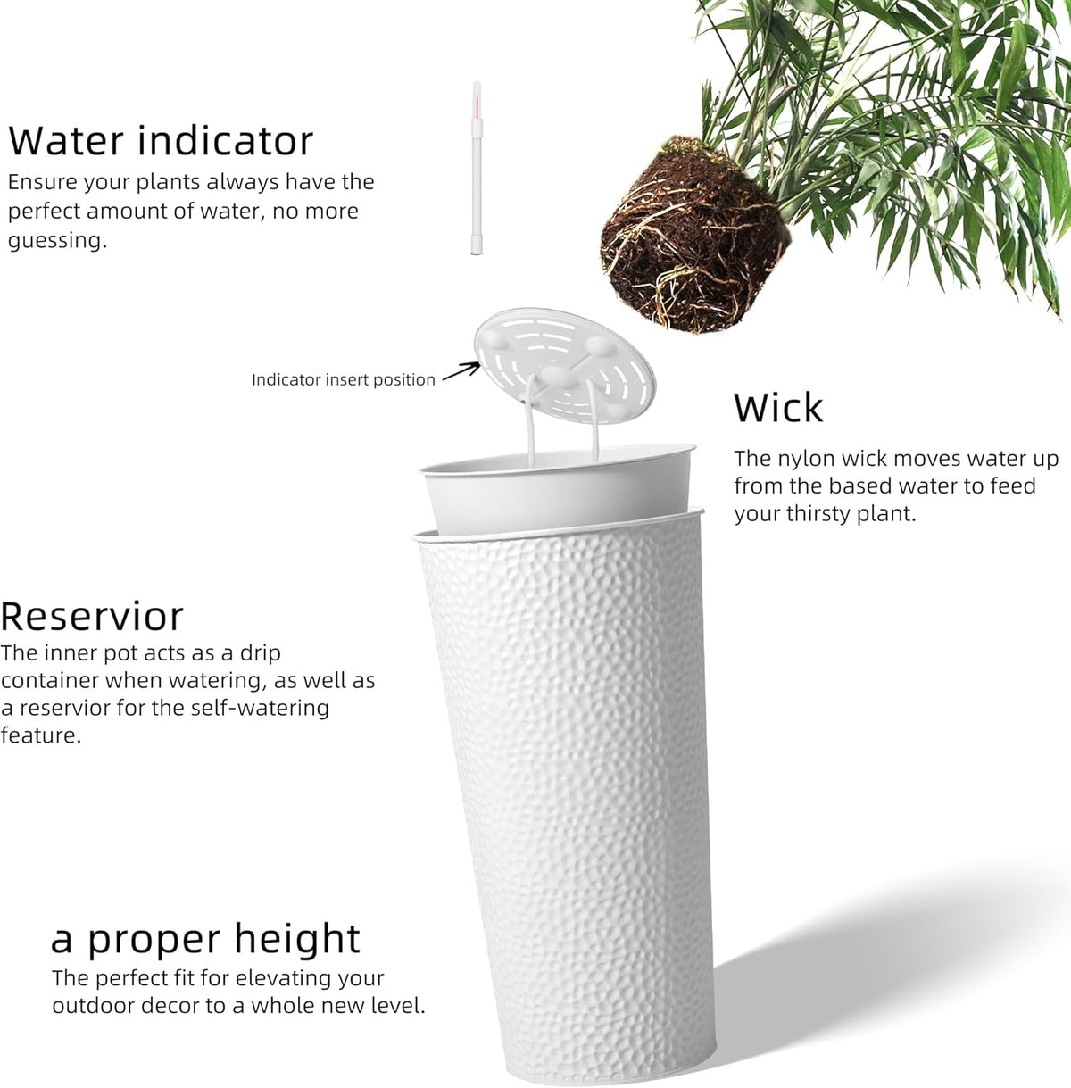 KOL 28" H. Tall Metal Cone Planters with Inner Pots 2-Pack, White Hand-Hammered Large Decor Planter for Deck, Patio, Porch - Handcrafted Flower Pot - with Water Level Indicator - Indoor Outdoor Use