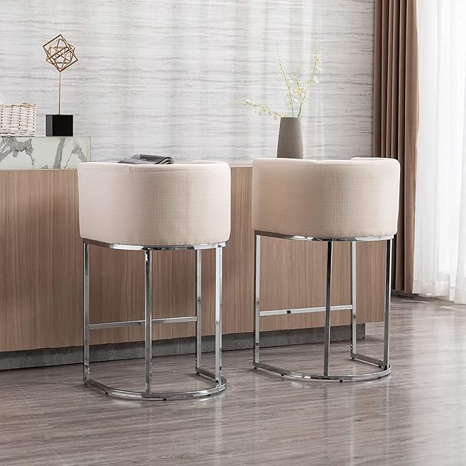 Contemporary Cream Linen Bar Stool, 29" Upholstered Fabric Counter Height Barstool Kitchen Counter Island Stool with Screwed Together Chrome Finish Base