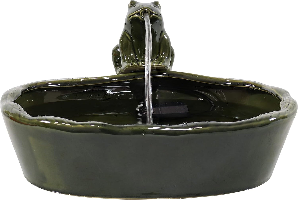 Sunnydaze Ceramic Solar-Powered Water Fountain - Green Glaze - Low-Voltage Submersible Pump with Filter - Frog