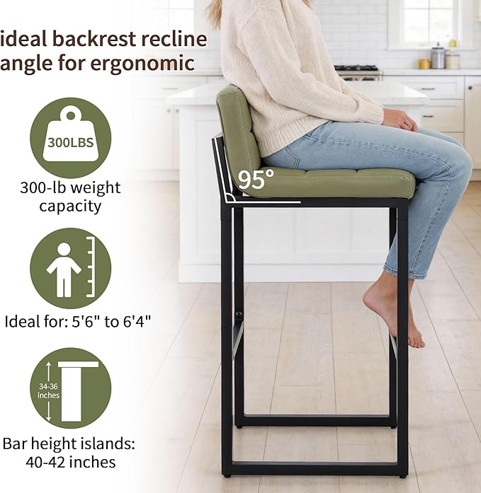 Set of 2 Bar Stools, Modern Counter Stool, Upholstered Faux Leather Barstools with Back, Comfortable 30-inch Seat Height Island Chairs for Kitchen Island (Avocado Green, 2Pcs 30" Bar Stools)