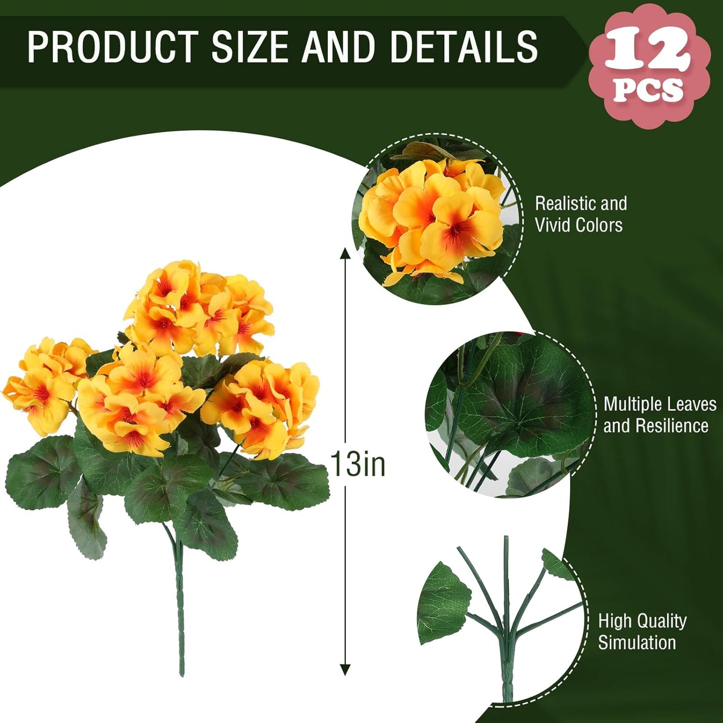 Hananona 12 Pcs Artificial Geranium Flowers for Outdoors Geranium Silk Yellow Flowers Outdoor UV Resistant Garden Plants Faux Fall Flower for Home Kitchen Table Centerpieces Decor (12, Yellow)