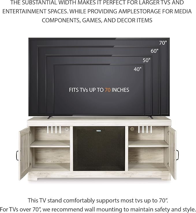 Signature Design by Ashley Bellaby Farmhouse 63" TV Stand with Fireplace for TVs up to 72", Whitewash
