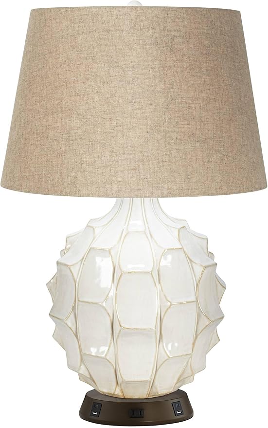Possini Euro Design Cosgrove Mid Century Modern Table Lamp with USB and AC Power Outlet Workstation Charging Base 26.5" High Textured White Ceramic Light Brown Linen Drum Shade for Living Room