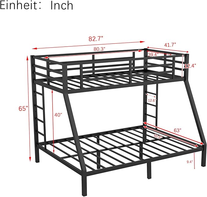 Bellemave Twin XL Over Queen Bunk Bed for Adults, Twin XL Over Queen Bunk Beds Frame with 2 Ladder and Full Length Guardrail, Easy Assemble, Mattress Not Included, Black