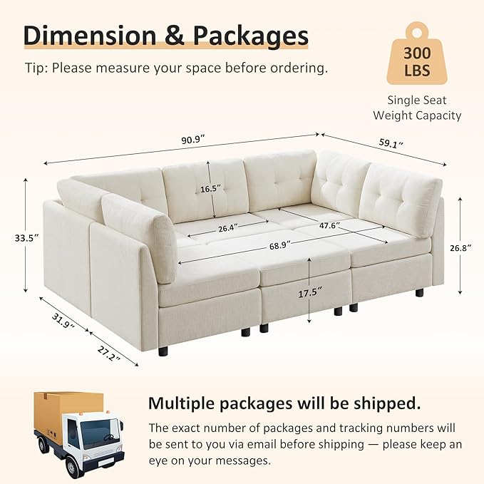 VANOMi 5 Seat Modular Sectional Sofa with Ottoman, Convertible Modular Cloud Sofa Bed, Comfy Chenille Sofas & Couches for Living Room, Apartment, Office, Beige, Sofa Bed