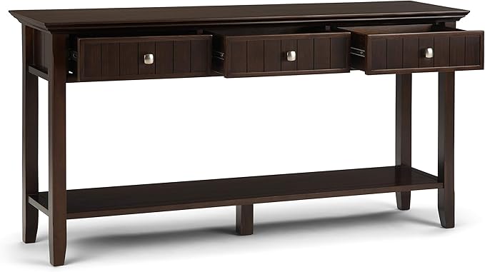 SIMPLIHOME Acadian Console Table - 60 Inch Wide Solid Wood Sofa Table in Brunette Brown, Transitional Storage Table for Entryway or Living Room with 3 Drawers and Open Bottom Shelf