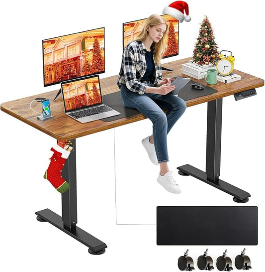 farexon Electric Standing Desk Adjustable Height, 55 x 24 Inch Sit Stand up Desk with Large Mouse Pad, Double Metal Hook,4 Wheels,4 Memory Preset Heights Home Office Computer Desk（Brown）