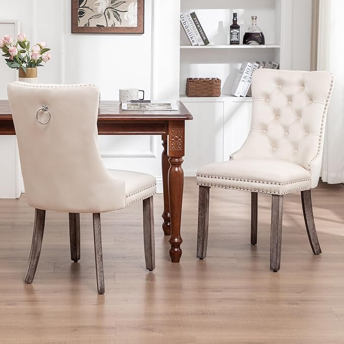 Velvet Dining Chairs Set of 4, Upholstered Dining Room Chairs with Nailhead Ring Pull Trim, Button Tufted Wing Back Chairs for Dining with Solid Wood Legs for Kitchen Dining Room(Beige)