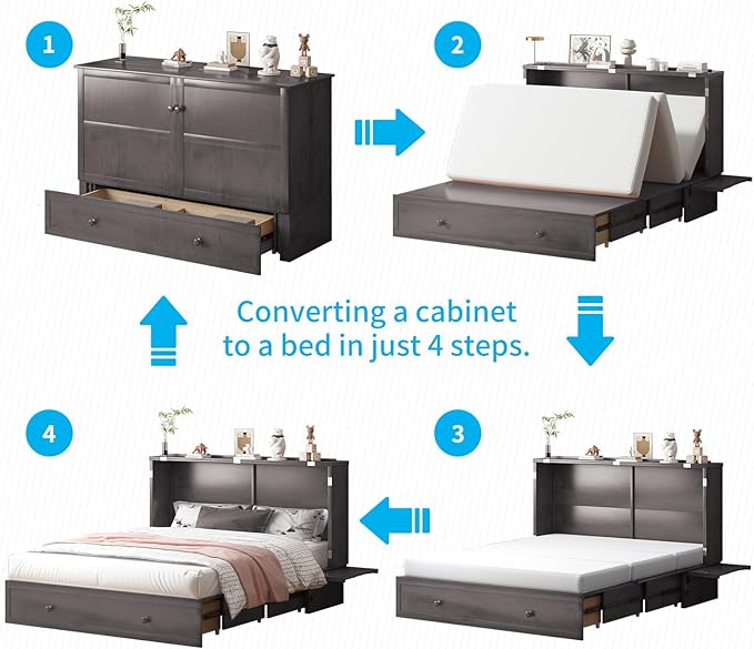 Mjkone Queen Murphy Bed Cabinet, Cabinet Bed with Built-in Charging Station, Storage Drawer, Solid Wood Cabinets Bed with Tri-fold Mattress, Cube Murphy Chest Beds for Guest Room, Home, Office, Grey