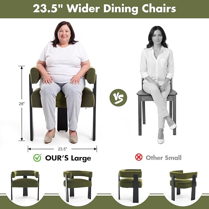 Modern Dining Chairs Set of 4, Upholstered Velvet Barrel Accent Chairs with Backrest & Arms, Wide and Thicker Padded Kitchen Side Chair with Wooden Legs for Dining Room, Livingroom, Dark Green