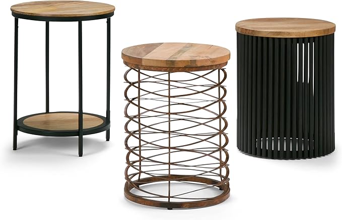SIMPLIHOME Demy Metal and Wood Accent Table - 18 inch Wide Solid Metal Round End Table in Natural and Black, Industrial Side Table or Coffee Table for Living Room with Compact Design, Assembled