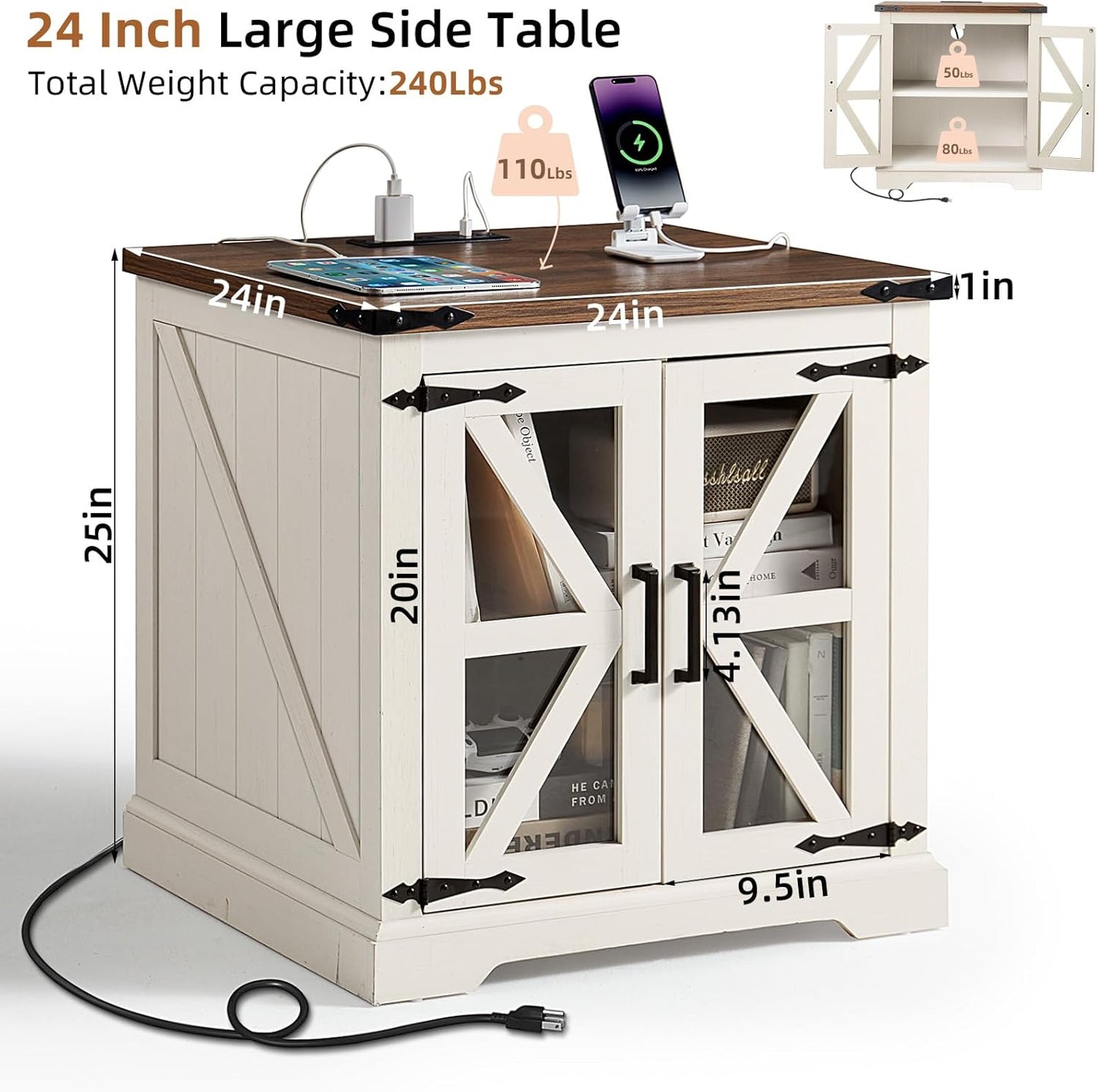 24" End Table Set of 2 with Charging Station, Farmhouse Night Stand with Glass Barn Door, Nightstands with Adjustable Storage Shelf, Large Wood Square Bed Side Table for Living Room,Bedroom