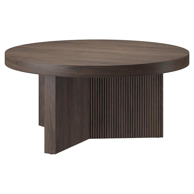 Henn&Hart 32" Fluted Round Low-Profile Coffee Table with Ribbed Pedestal Base Living Room, Family Room, Office, or Apartment, Alder Brown