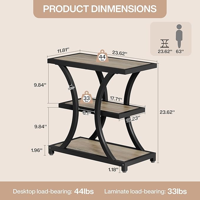 Tribesigns End Table with Storage, 3-Tier Side Table with Geometric Metal Design, Industrial Nightstand for Small Spaces, Living Room, Bedroom, Study Room (1, Grey)