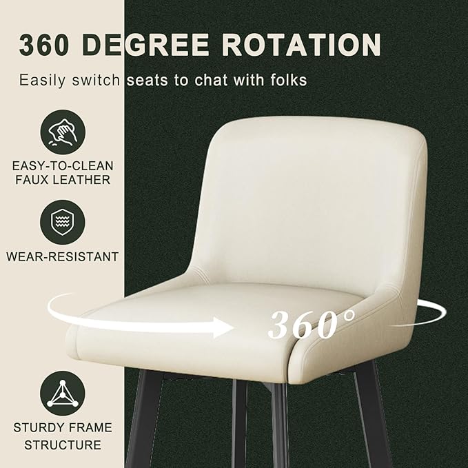 Swivel Bar Stools, 26''H Upholstered Barstools with Backs, Modern Counter Height Bar Stool Chairs for Kitchen Island, Metal Legs (Beige- Faux Leather, Set of 4-26" H)