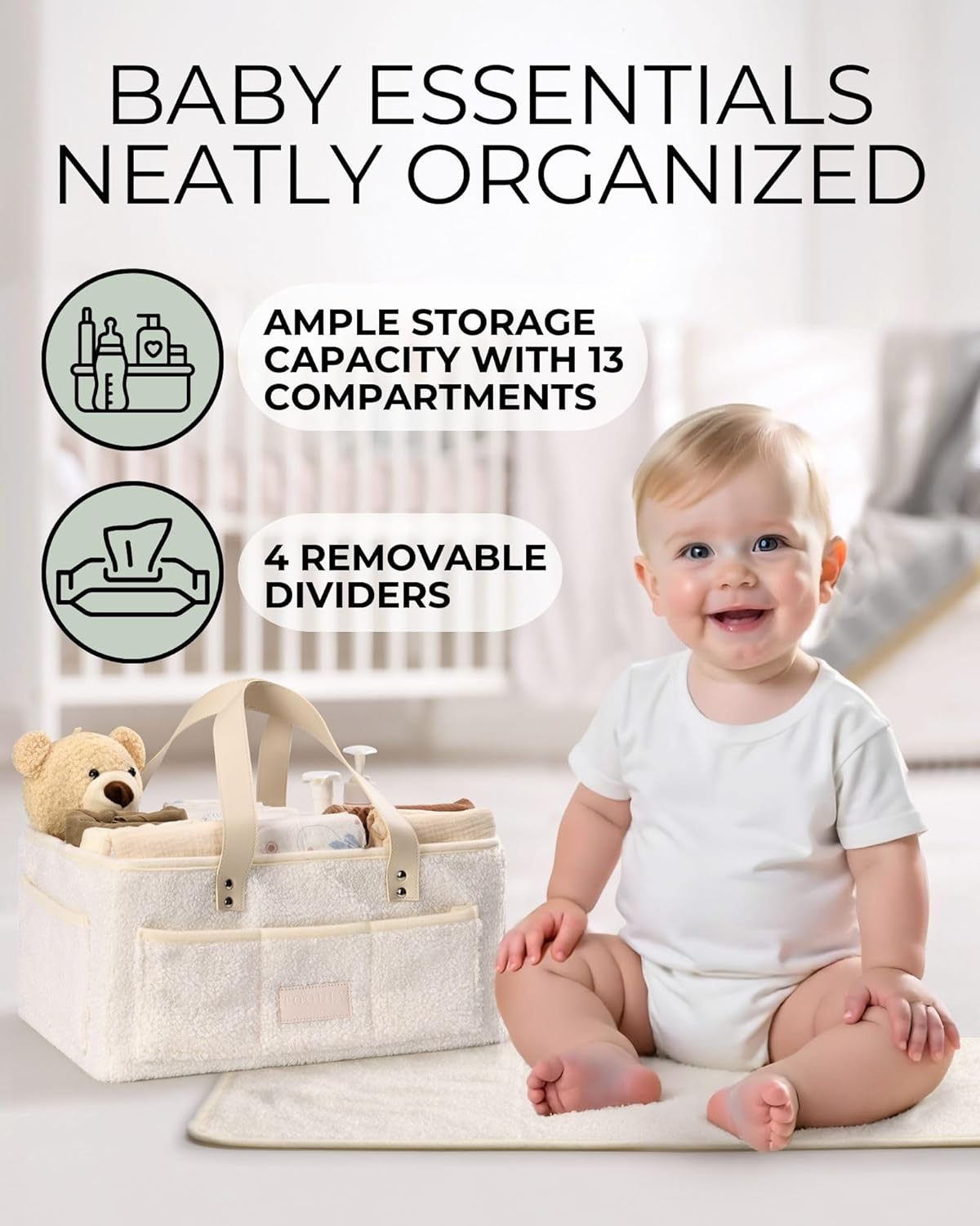 Baby Diaper Caddy Organizer with Portable Changing Mat - Teddy Fleece Diaper Organizer for Changing Table - Basket for Changing Essentials - Baby Essentials Organizer with Removable Dividers