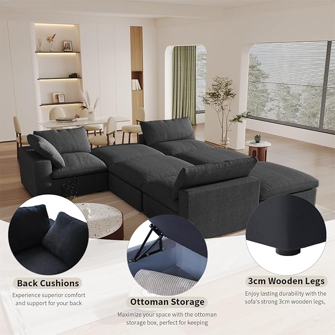 WJShome 118.02" Cloud Couch,Modular Sectional Sofa with 2 Storage Ottomans, U Shaped Down Filled Convertible Couch for Living Room Sets,Sofa Cover Washable & Replaceable(White)