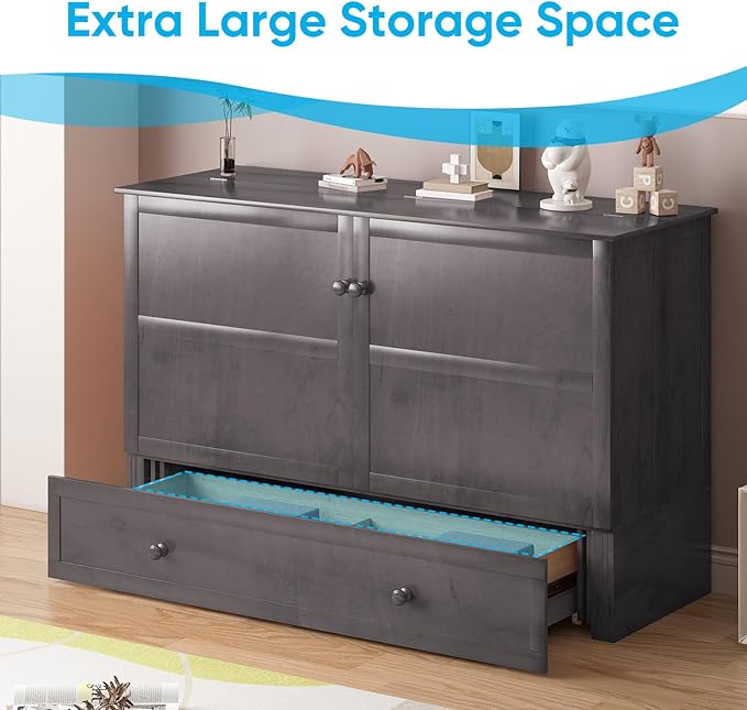 Mjkone Queen Murphy Bed Cabinet, Cabinet Bed with Built-in Charging Station, Storage Drawer, Solid Wood Cabinets Bed with Tri-fold Mattress, Cube Murphy Chest Beds for Guest Room, Home, Office, Grey