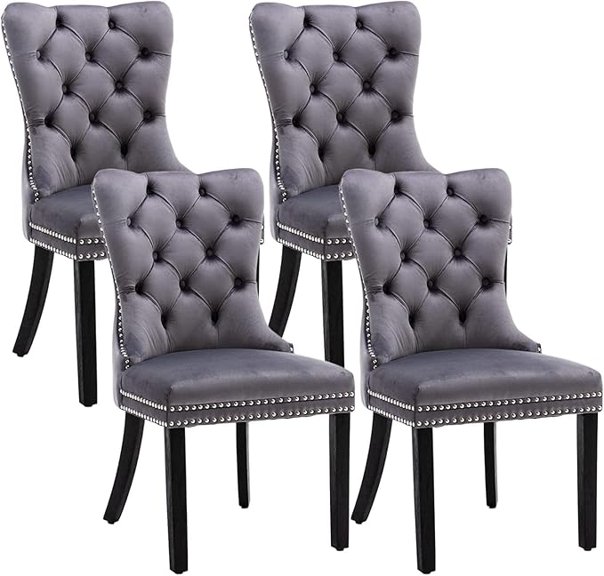 Velvet Dining Chairs Set of 4, Upholstered Dining Room Chairs with Nailhead Ring Pull Trim, Button Tufted Wing Back Chairs for Dining with Solid Wood Legs for Kitchen Dining Room(Grey)