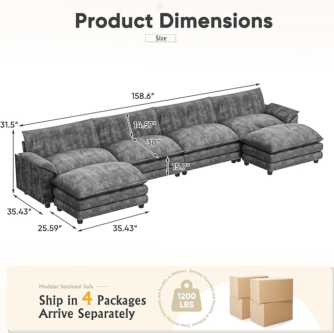 Furniwell Modular Sectional Sofa with Moveable Ottoman, Oversized 3-Seater Couch with Supportive Backrest, Chenille Convertible Sofa Couches for Living Room/Apartment (Grey, U Shaped)
