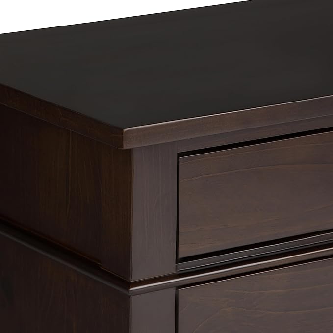 SIMPLIHOME Carlton Bedside Table - 24 inch Wide Solid Wood Nightstand Table in Dark Tobacco Brown, Transitional Bedroom Side or End Table with 2 Drawers, Open Storage Shelf and Bronze Hardware