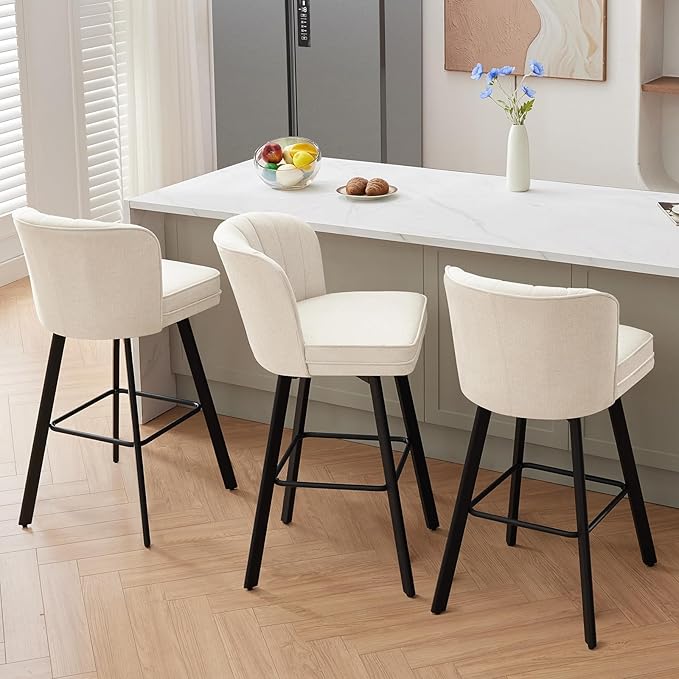 Swivel Counter Height Bar Stools Set of 3, 30'' Modern Barstools with Backs and Metal Legs, Upholstered Bar Chairs, Beige, Fabric Stools for Kitchen Island Chairs
