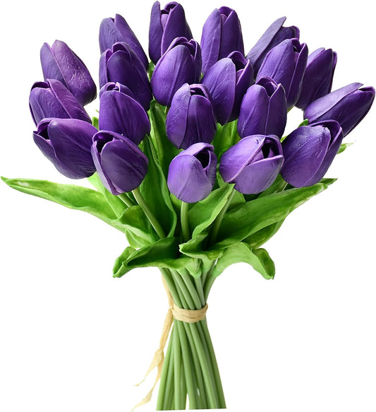 Mandy's Artificial Tulips 20 Stems Dark Purple PU Faux Flowers for Wedding Home Decor 13.5 Inch