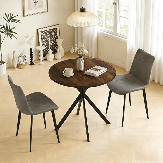 31.5" Round Dining Table and Chairs Set for 2, Small Dining Table Chairs Set Space-Saving, Small Dinette Sets for 2 for Kitchen Dining Room Apartment(Walnut Table + Gray Chairs)
