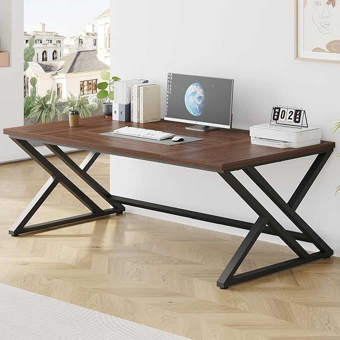 LVB Walnut Large Office Desk, Modern Long Wood Metal Computer Desk, Industrial Rustic Double Workstation Desk for Two People, Vintage PC Executive Work Study Writing Computer Table for Home, 78.7 in