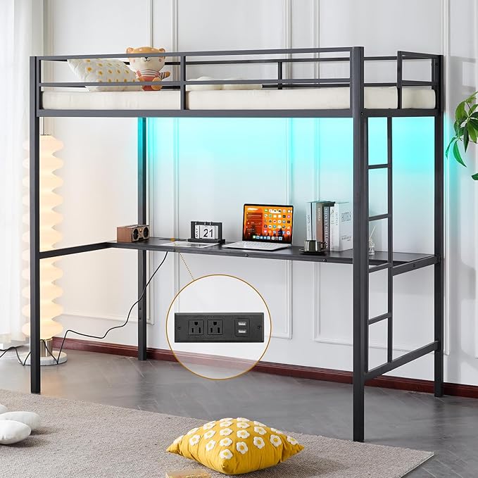 Karl home Twin Metal Loft Bed with Desk, with Power Outlet and LED Lighted, Safety Guardrail & Ladder, Space Saving, No Noise, No Box Spring Needed, Black
