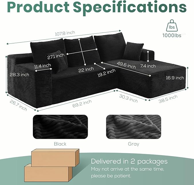 107" Boneless Couches for Living Room, Modular Cloud Sectional Couches L Shaped Sofa with Oversized Chaise Comfy Corduroy Home Sofa (Black, Right Facing Chaise)
