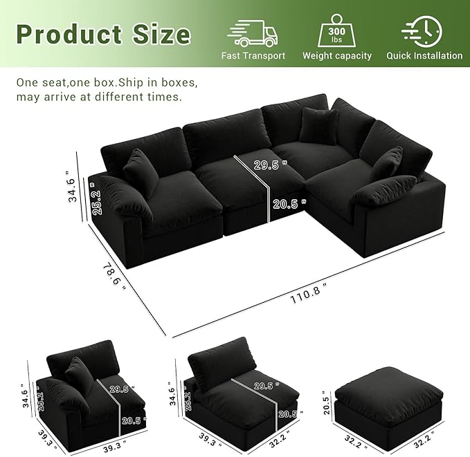 Cloud Modular Sectional Sofa,189.4" Down Filled Sofa 4 Seat with Chaise,Minimalist Sofa Cover Washable and Replaceable Couches for Living Room,Sectional Sofa Deep Seat Black