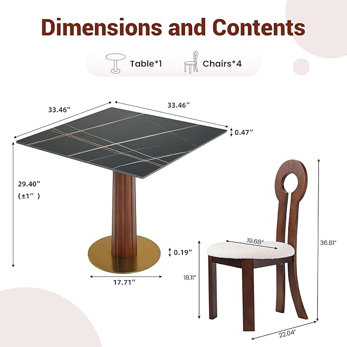 Sintered Stone Square Office Table and Chair Set - Meeting Table for Small Offices (Dark Brown Leg and Black Top, 1 Table and 4 Chairs)