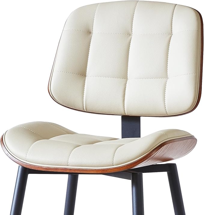 Mid Century Modern Bar Stools Set of 3 for Kitchen Island,Upholstered Beige Faux Leather Counter Height stools,26 Inch Counter stools with Walnut Grain Back