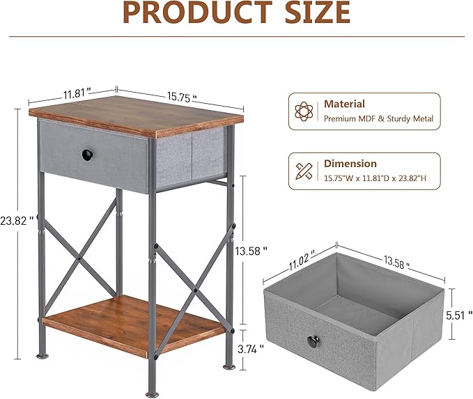 VECELO End Tables, Modern Nightstand with Fabric Drawer & Open Shelf, Night Stand for Bedroom Living Room, Industrial Metal Frame, Easy Assembly, Retro Brown,2 Pack