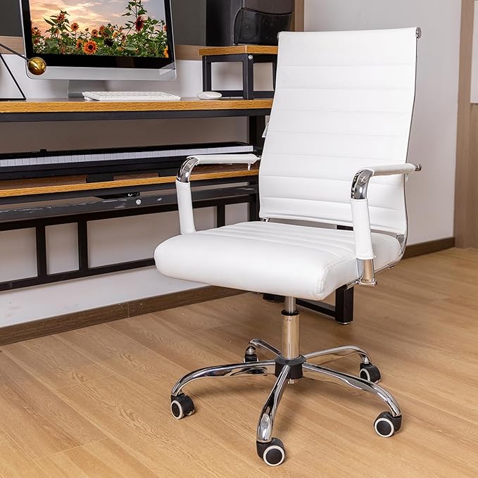 Home Office Chair Ribbed, Modern Leather Conference Room Chairs, Ergonomic Office Desk Chair, High Back Executive Computer Chair, Adjustable Swivel Chair with Arms (White)