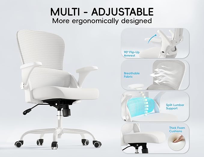 TRALT Office Chair - Ergonomic Office Chair with Back Support, Home Office Desk Chairs, Comfy Desk Chair, Computer Chair, 330lbs Wide Seat Big and Tall Office Chairs for Gamers(White)