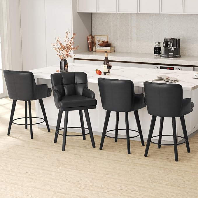 360°Swivel Counter Height Bar Stools with Back, 26 inch Solid Wood Legs, Bar Stool Modern Kitchen Island Chairs, Faux Leather (Black- Faux Leather, 26" H- Set of 4)