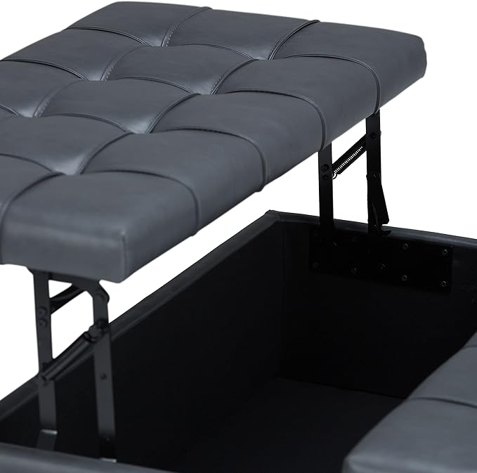 SIMPLIHOME Harrison 36 inch Wide Transitional Square Coffee Table Storage Ottoman in Stone Grey Vegan Faux Leather, Assembled, for the Living Room and Bedroom
