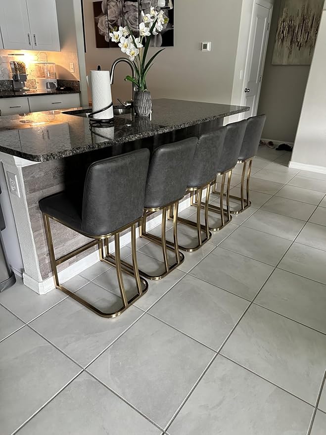MAISON ARTS Counter Height Bar Stools with Back Set of 6 for Kitchen Counter, 24 Inch Modern Upholstered Faux Leather Barstools Farmhouse Bar Chairs Luxury Island Stools Support 330LBS, Grey & Gold