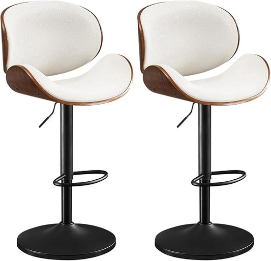 Furniliving Adjustable Bar Stools Set of 2, Swivel Bentwood Barstools Counter Height Bar Stools, Ergonomic Modern Bar Stools with Back Upholstered Barstools for Dining Room, Kitchen, Bar, White, PU