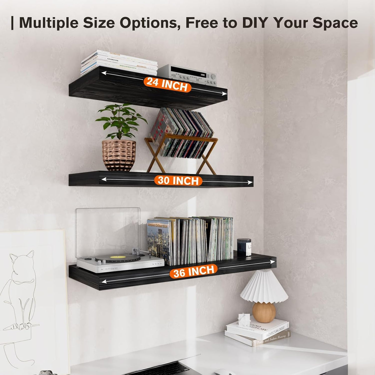 Floating Shelf, Set of 2 Wall Shelf, 24 in W x 12.75 in D x 2 in H Wooden Floating Wall Shelf with Invisible Brackets for Living Room/Bedroom/Bathroom/Kitchen Storage and Decor, Black Wood