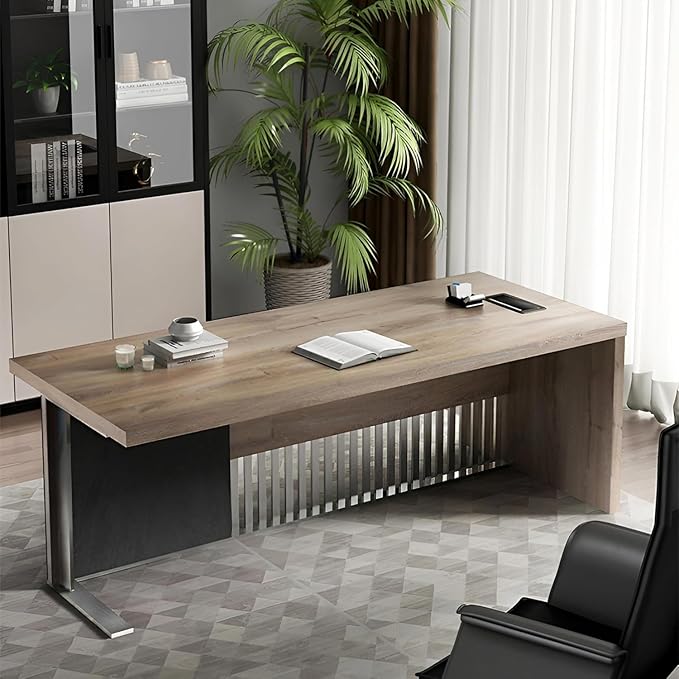63 Inch Modern Executive Office Desk, Computer Writing Desk for Home Office, Business Furniture Workstation Stainless Steels Sturdy Frame 1.97IN Thick Desktop(Right, 63×31.5×30 in)