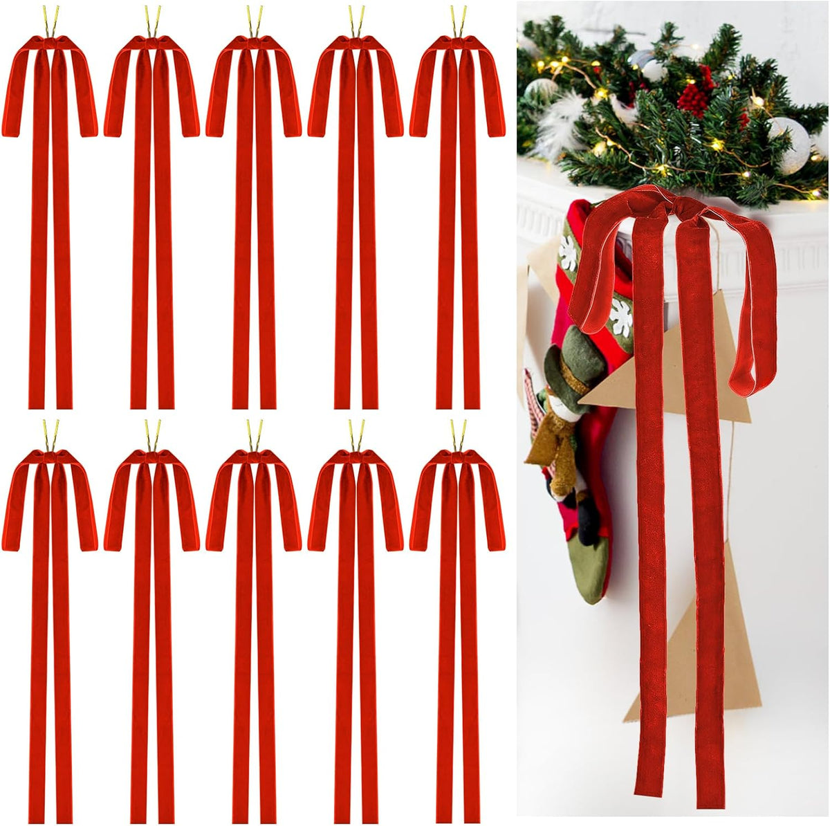 Draupnir Velvet Christmas Bow 10 PCS Red Velvet Bows for Christmas Tree Topper Staircase Wreath 23.62x15.75 inch Large Bow for Christmas Indoor Outdoor Decoration