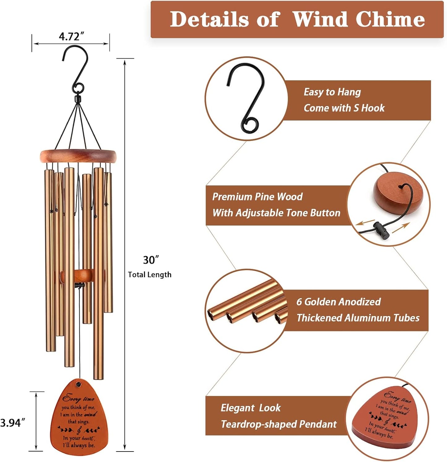 Memorial Gifts, Sympathy Wind Chimes Memorial Wind Chimes for Loss of Loved One Prime, Sympathy Gift, Bereavement/Remembrance Gifts in Memory of Loved One Mother Father, 30" Wooden