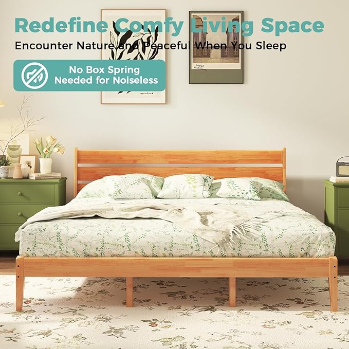 Solid Wood King Size Bed Frame with Ladder Headboard, Malaysian Oak Platform Bed Frame, Modern Bedframe with Wooden Slats, No Box Spring Needed, Easy Assembly, King Size, Rustic Pine