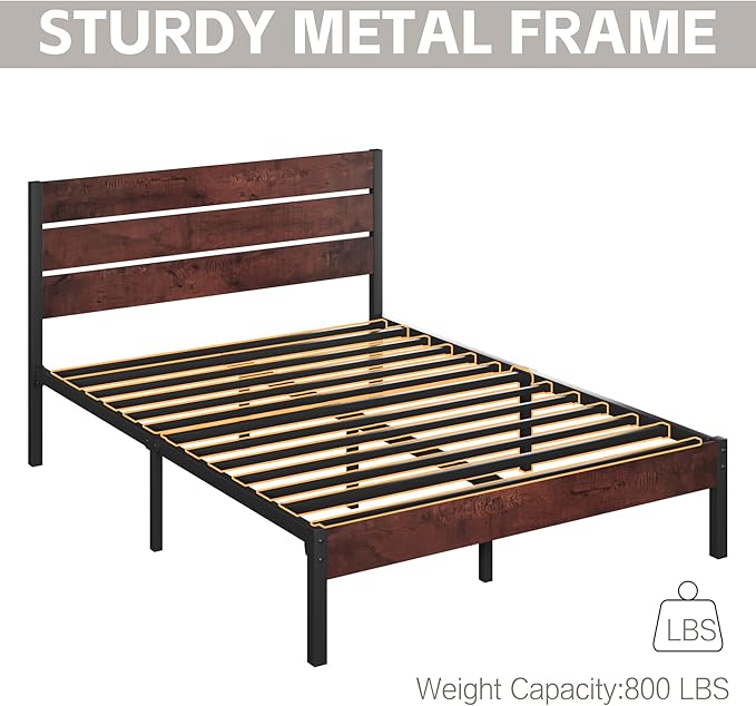 Queen Bed Frame with Headboard and Footboard, with Under Bed Storage, All-Metal Support System, No Box Spring Needed, Easy Assembly, Red Brown