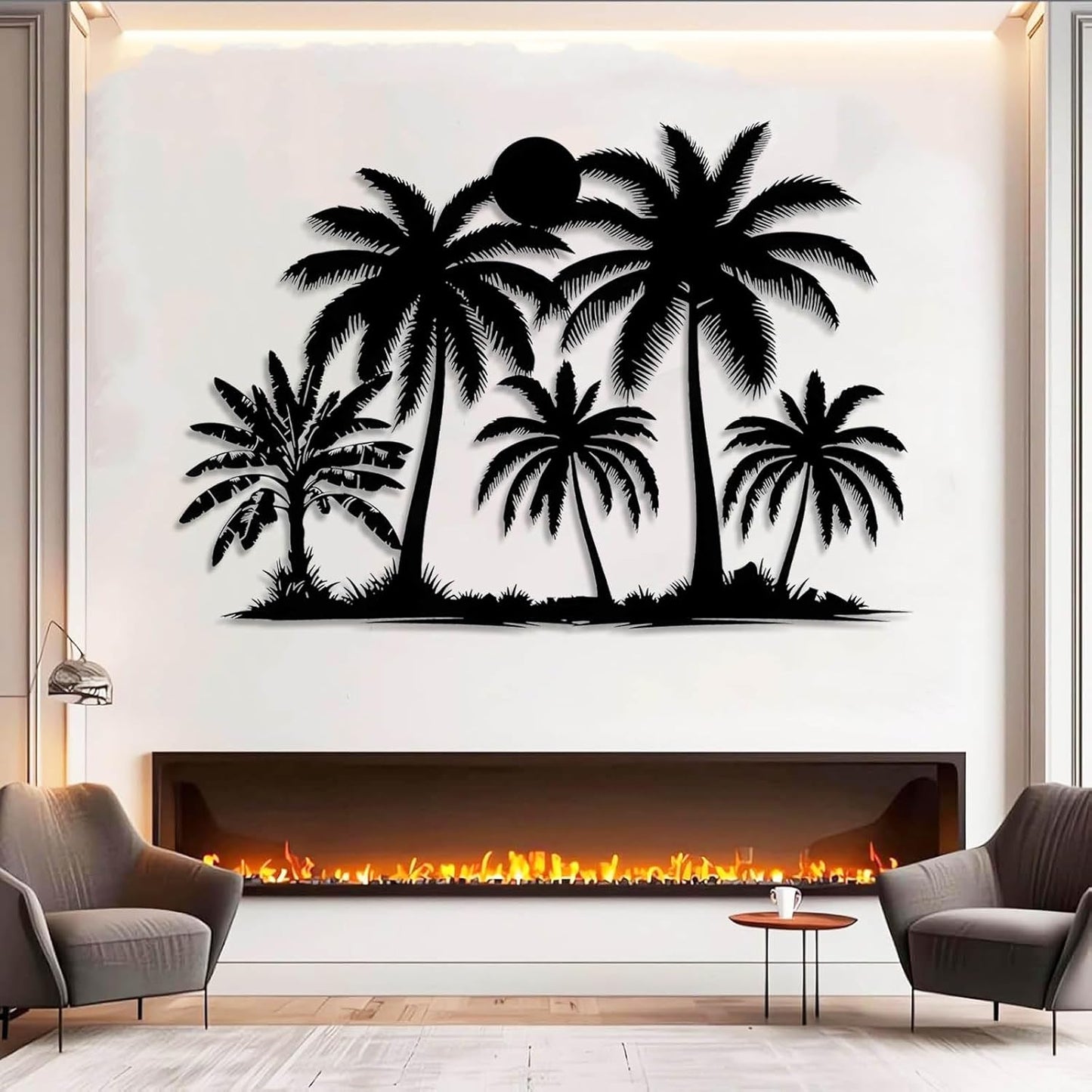 Tuglona Metal Palm Tree with Sunset Wall Decor, Tropical Palm Tree Metal Wall Art, Tropical Wall Decor, Sun Wall Art, Beach Wall Decoration, Coastal Trees Wall Hanging (White, 35"x25"/90x62cm)